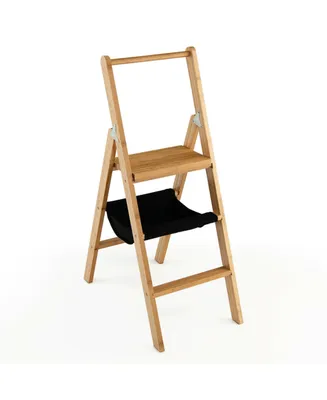 3 Step Foldable Bamboo Step Ladder Stool with Tool Storage Bag