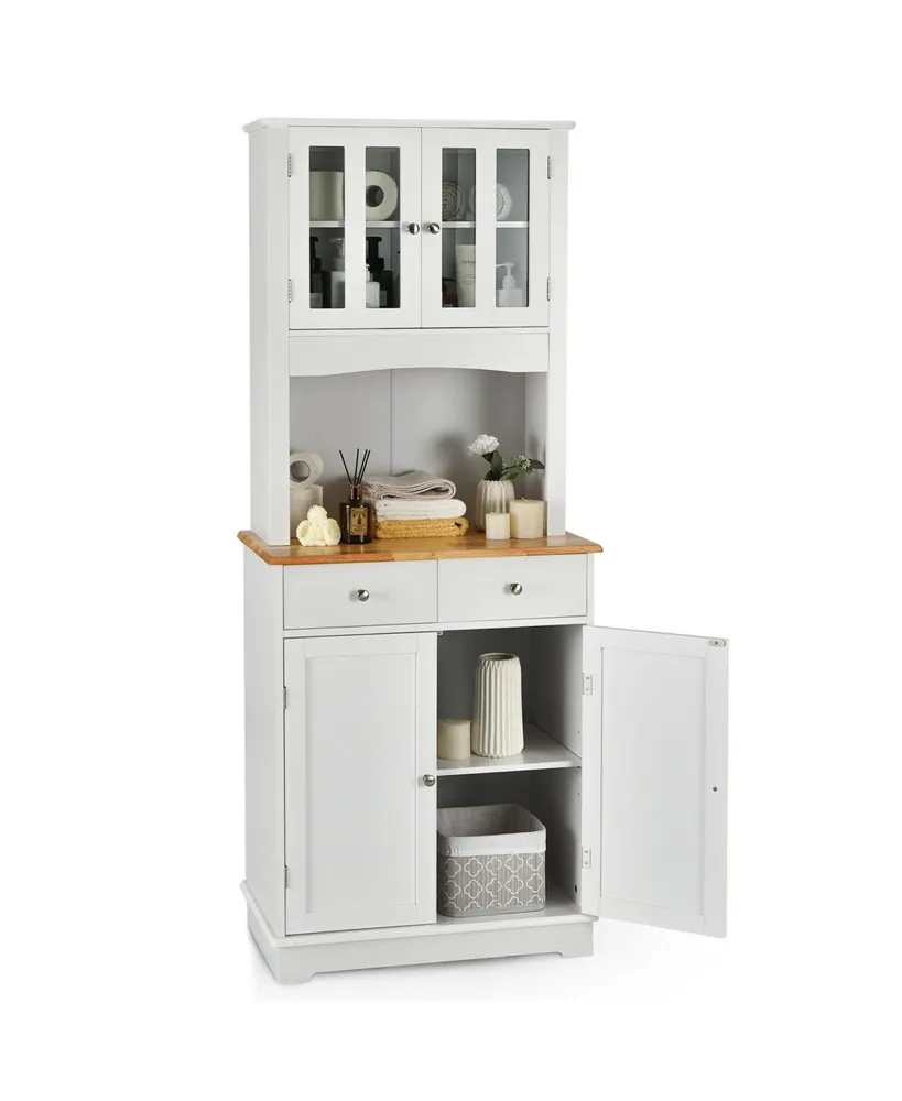 Kitchen Pantry Cabinet with Wood Top and Hutch-White