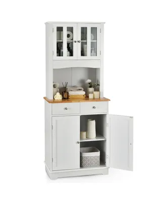 Sugift Kitchen Pantry Cabinet with Wood Top and Hutch