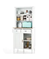 Freestanding Kitchen Pantry with Hutch Sliding Door and Drawer-White