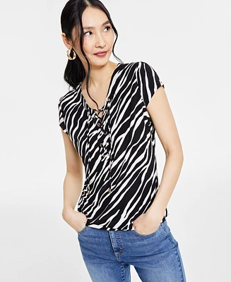 I.n.c. International Concepts Petite Animal-Print Lace-Up-Neck Top, Created for Macy's