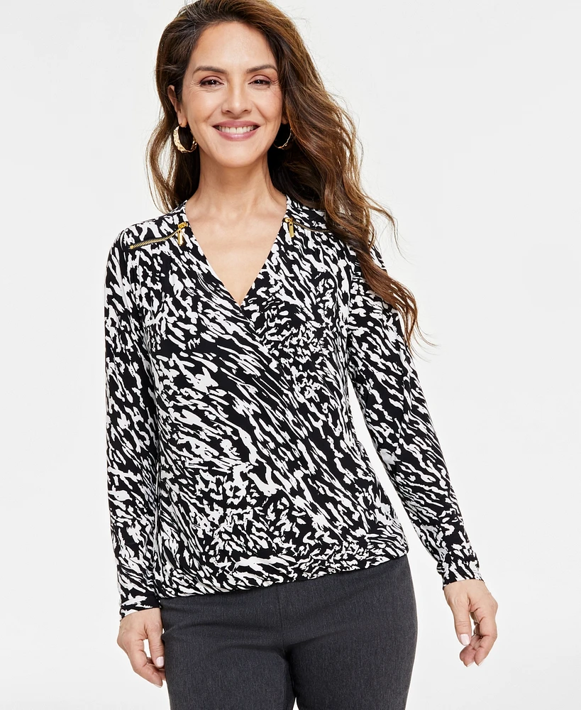 I.n.c. International Concepts Petite Printed Zip-Detail Top, Created for Macy's