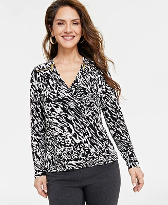 I.n.c. International Concepts Petite Printed Zip-Detail Top, Created for Macy's