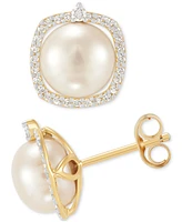 Honora Cultured Freshwater Pearl (7mm) & Diamond (1/6 ct. t.w.) Halo Stud Earrings in 14k Gold