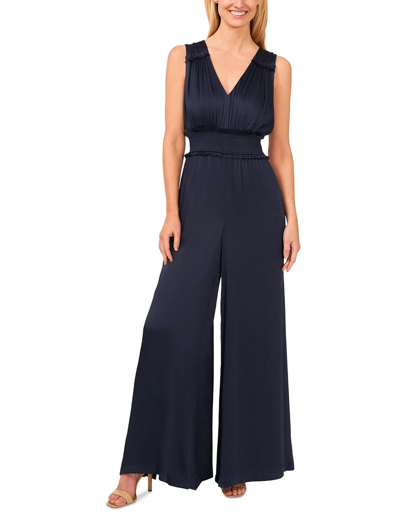 CeCe Women's V-Neck Smocked-Waist Sleeveless Plisse Jumpsuit