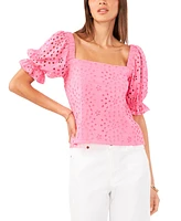 1.state Women's Eyelet Puff-Sleeve Square Neck Top