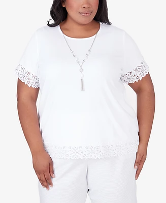 Alfred Dunner Plus Charleston T-shirt with Lace Border Details and Detachable Necklace