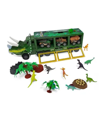 Kovot Dino Transport Truck Play set: 14" Long with Light & Music, 3 Cars, 27 Mini Dinosaurs, Props, Car Launcher, and Ramp - Assorted Pre
