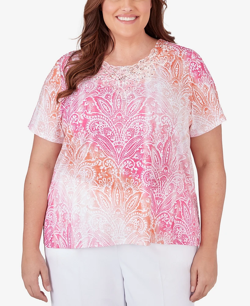 Alfred Dunner Plus Size Paradise Island Ombre Medallion Top with Lace Detail