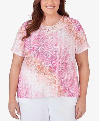Alfred Dunner Plus Paradise Island Ombre Medallion Top with Lace Detail