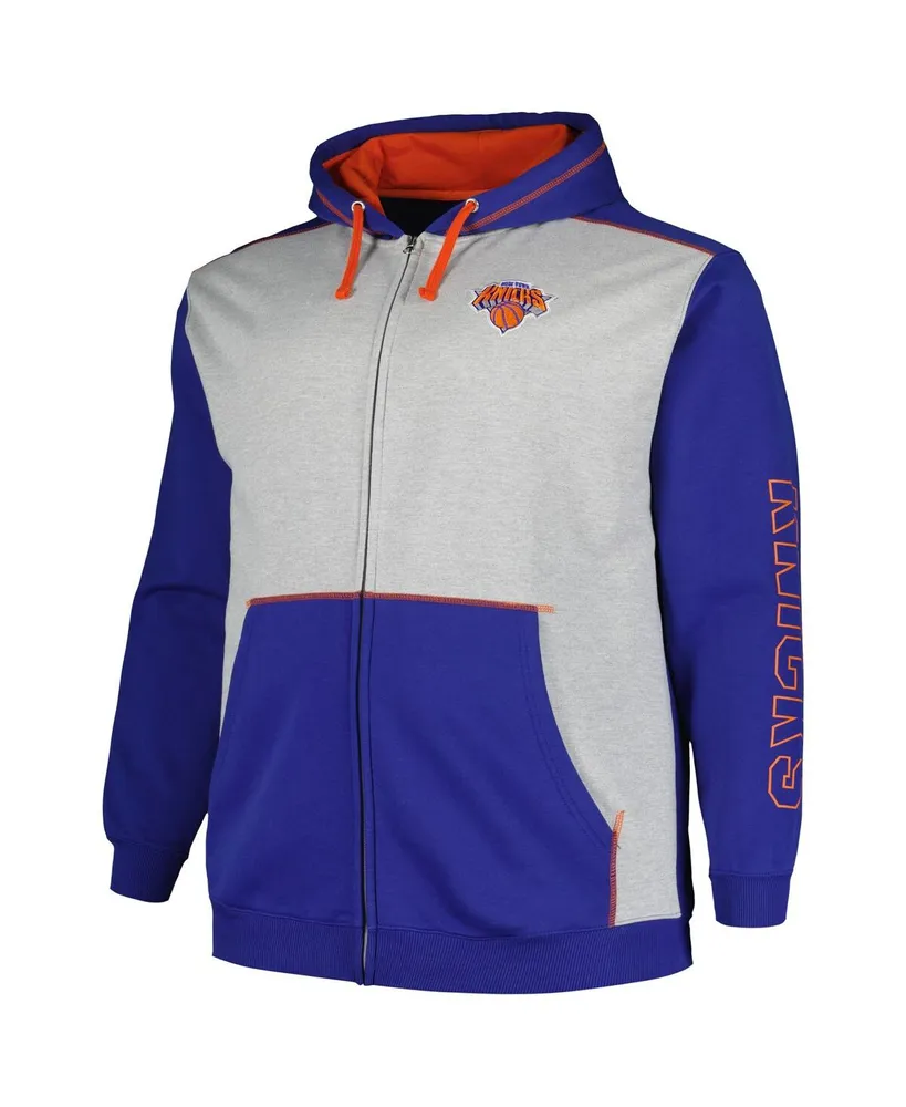 Men's Fanatics Blue, Heather Gray New York Knicks Big and Tall Contrast Pieced Stitched Full-Zip Hoodie