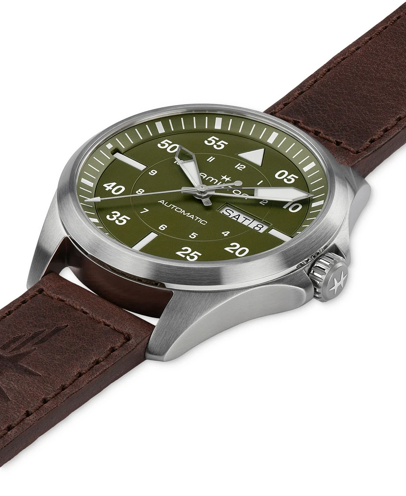 Hamilton Men's Swiss Automatic Khaki Aviation Day Date Brown Leather Strap Watch 42mm
