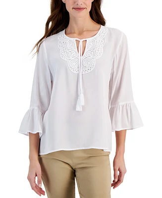 Jm Collection Women's Lace-Trim Bell-Sleeve Woven Top, Created for Macy's