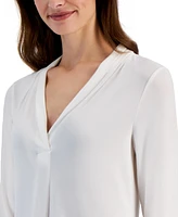 Jm Collection Women's 3/4 Sleeve V-Neck Pleat Top, Created for Macy's