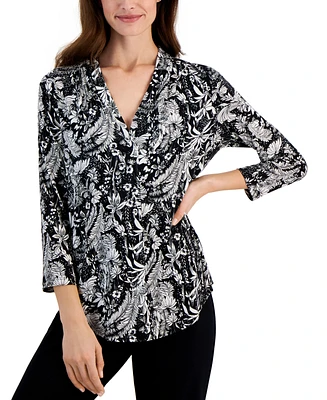 Jm Collection Women's Printed V-Neck 3/4-Sleeve Knit Top, Created for Macy's
