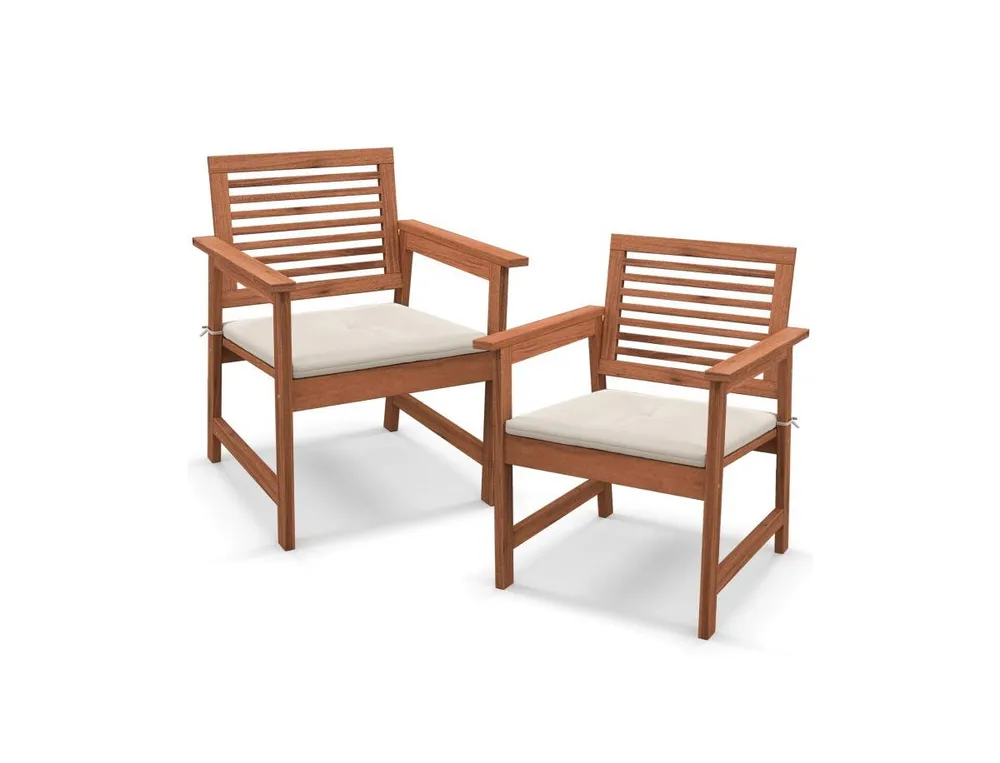 Set of 2 Patio Solid Wood Dining Chairs with Cushions and Slatted Seat