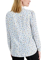 Anne Klein Petite Dot Print Band Collar Long-Sleeve Top