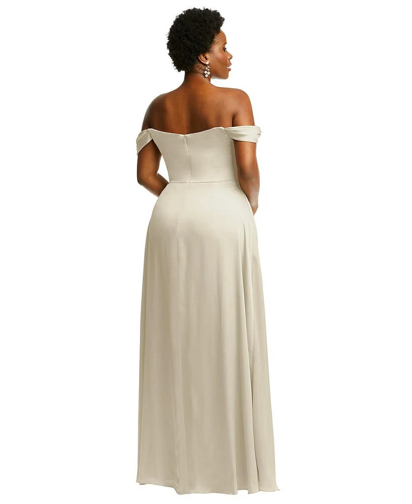 Dessy Collection Plus Size Off-the-Shoulder Flounce Sleeve Empire Waist Gown with Front Slit