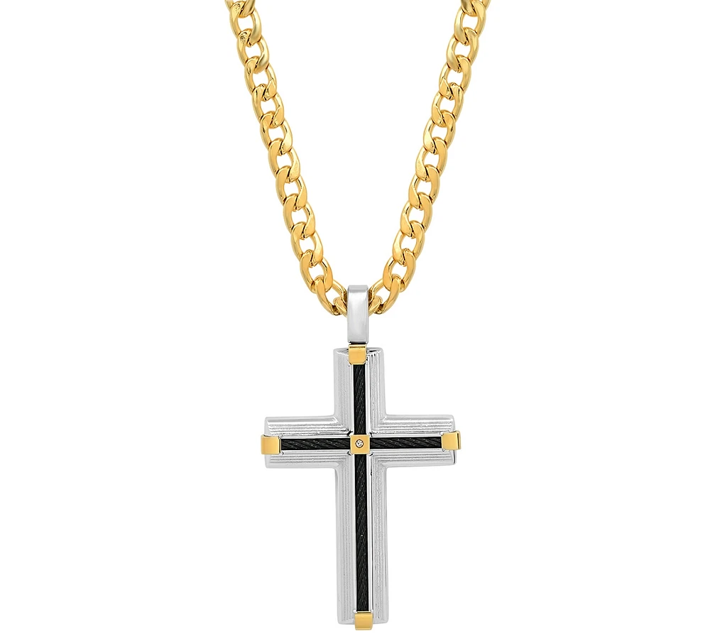Steeltime Men's 18K Gold Plated Tri-Tone Cross Pendant Necklace, 24"