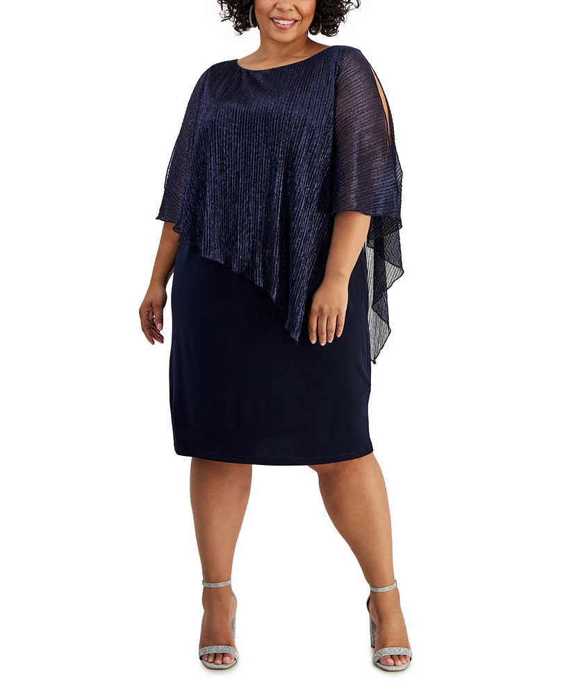 Connected Plus Size Pleated Metallic Cape Sheath Dress