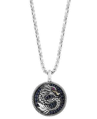 Effy Men's Black Sapphire (7/8 ct. t.w.) & Ruby (1/20 ct. t.w.) Dragon Disc 22" Pendant Necklace in Sterling Silver