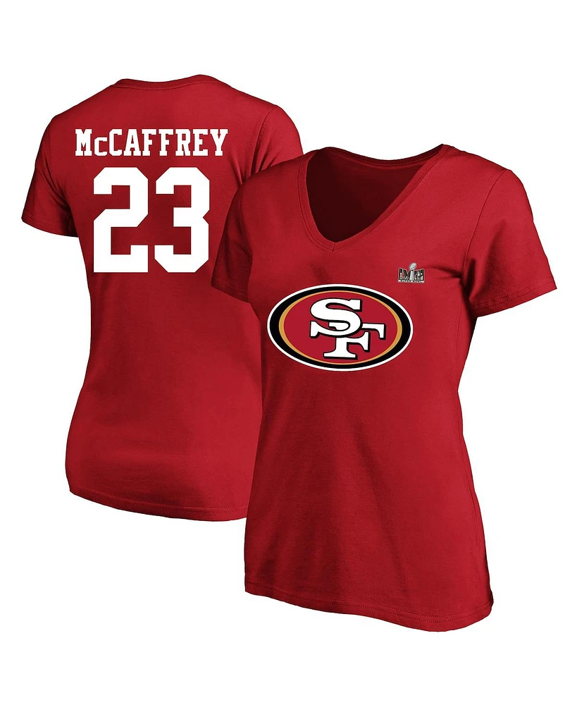 Women's Fanatics Christian McCaffrey Scarlet San Francisco 49ers Super Bowl Lviii Plus Player Name and Number V-Neck T-shirt