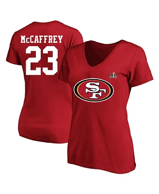 Women's Fanatics Christian McCaffrey Scarlet San Francisco 49ers Super Bowl Lviii Plus Player Name and Number V-Neck T-shirt