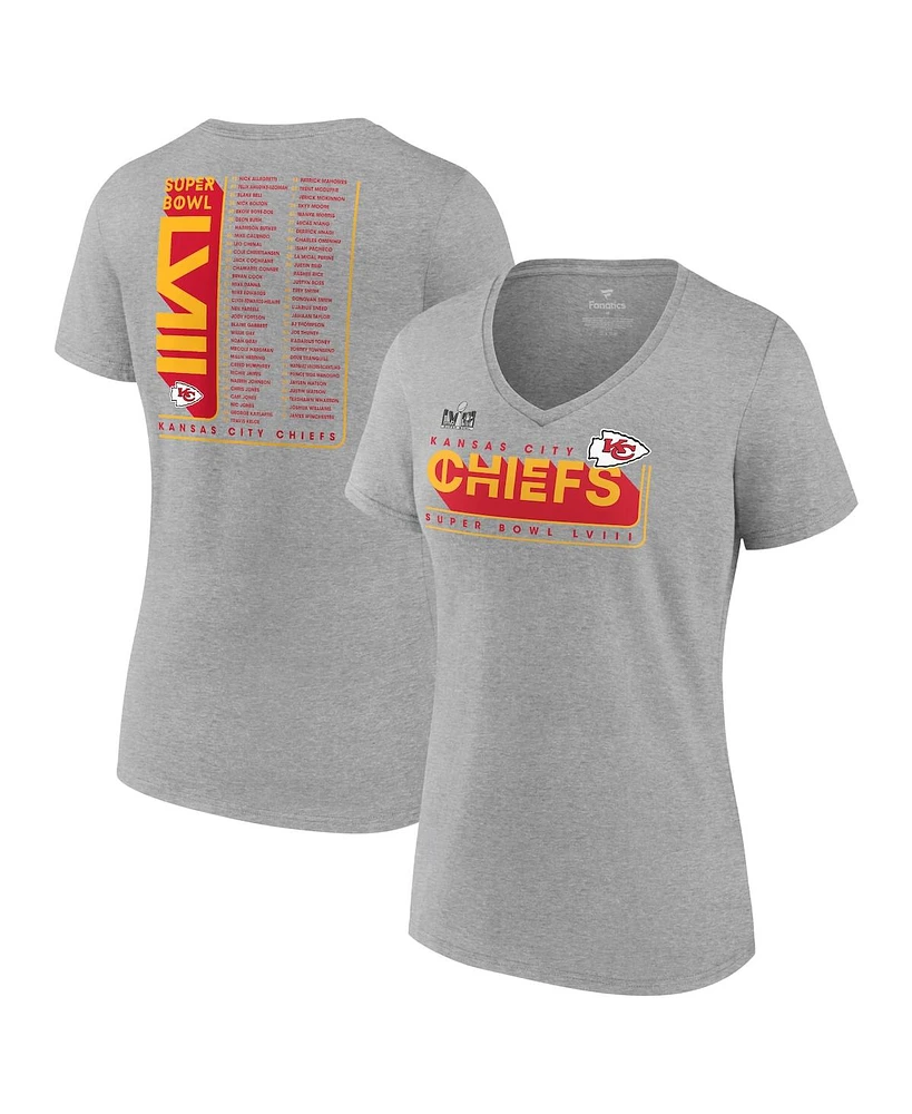 Women's Fanatics Heather Gray Kansas City Chiefs Super Bowl Lviii Roster V-Neck T-shirt