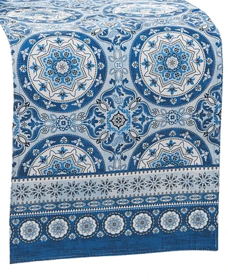 Vietri Medallion Blue Block Print Stain Water Resistant Indoor and Outdoor Table Runner, 13" x 70"
