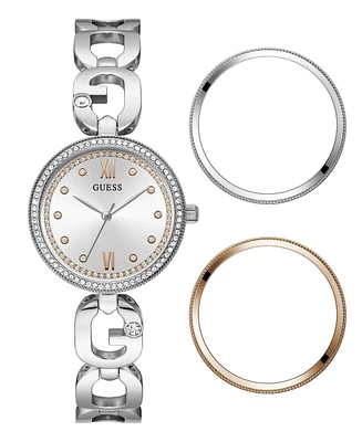 Guess Women's Analog Silver-Tone Steel Watch 30mm and 3 Dial Rings Set - Silver