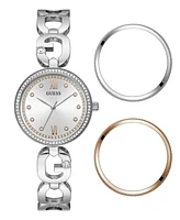 Guess Women's Analog Silver-Tone Steel Watch 30mm and 3 Dial Rings Set - Silver