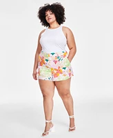 Bar Iii Trendy Plus Size Printed Linen Shorts, Created for Macy's