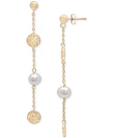 Cultured Freshwater Pearl (6-7mm) & Textured Disc Linear Drop Earrings in 14k Gold-Plated Sterling Silver