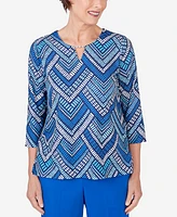 Alfred Dunner Petite Tradewinds Geometric Tile Split Neck Top