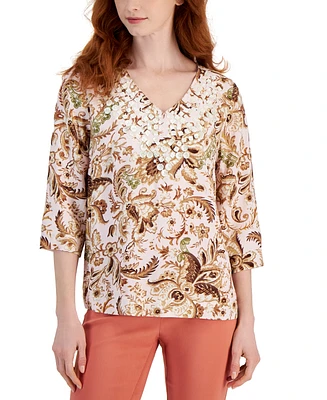 Jm Collection Women's Printed 3/4 Sleeve V-Neck Embellished Top, Created for Macy's