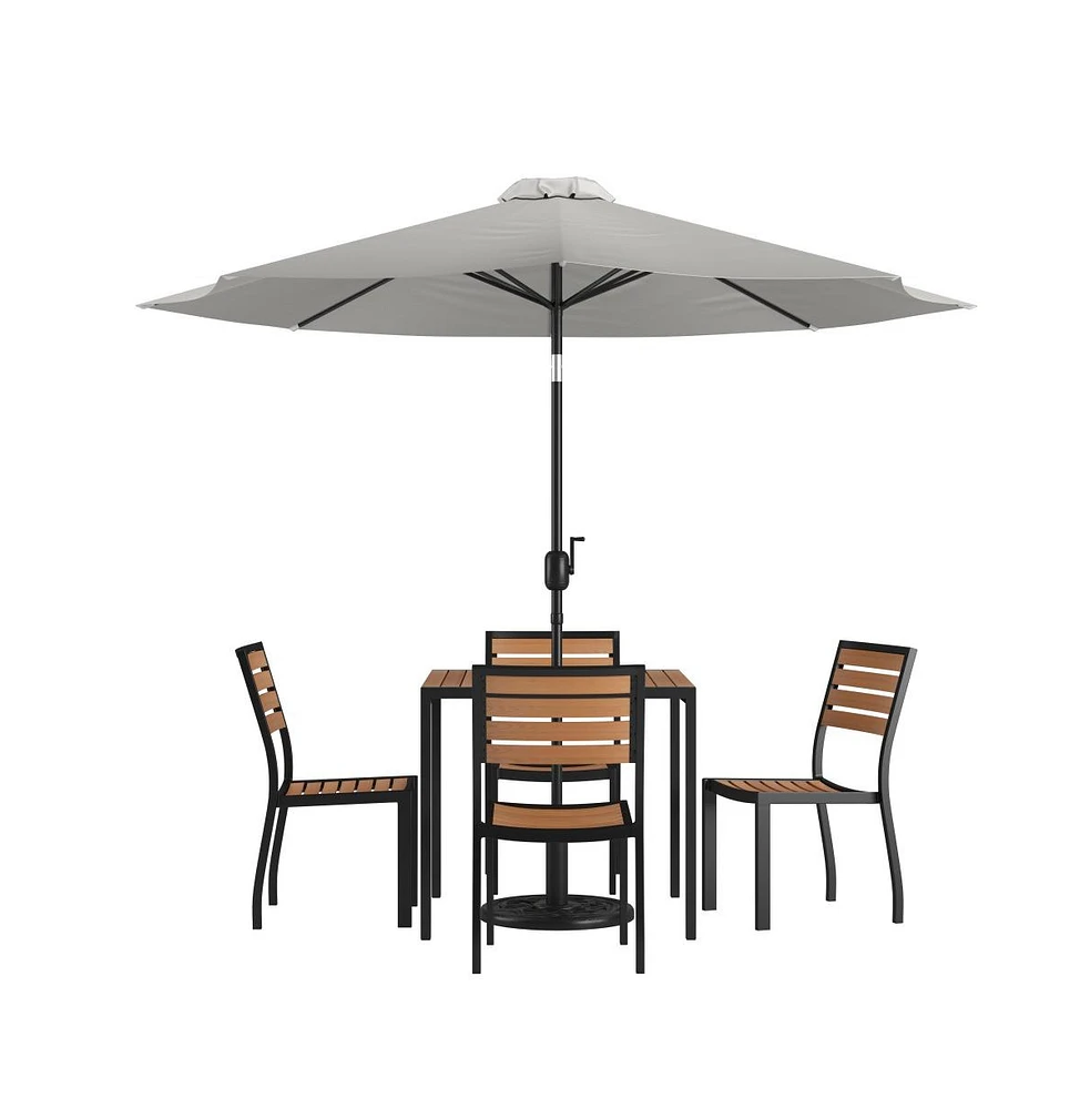 Forrest Seven Piece Faux Teak Patio Dining Set - Table, 4 Armless Stacking Club Chairs And 9' Umbrella & Base