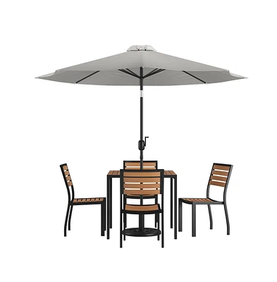 Forrest Seven Piece Faux Teak Patio Dining Set - Table, 4 Armless Stacking Club Chairs And 9' Umbrella & Base