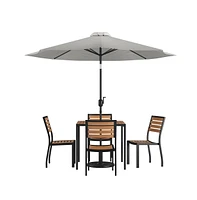 Forrest Seven Piece Faux Teak Patio Dining Set - Table, 4 Armless Stacking Club Chairs And 9' Umbrella & Base