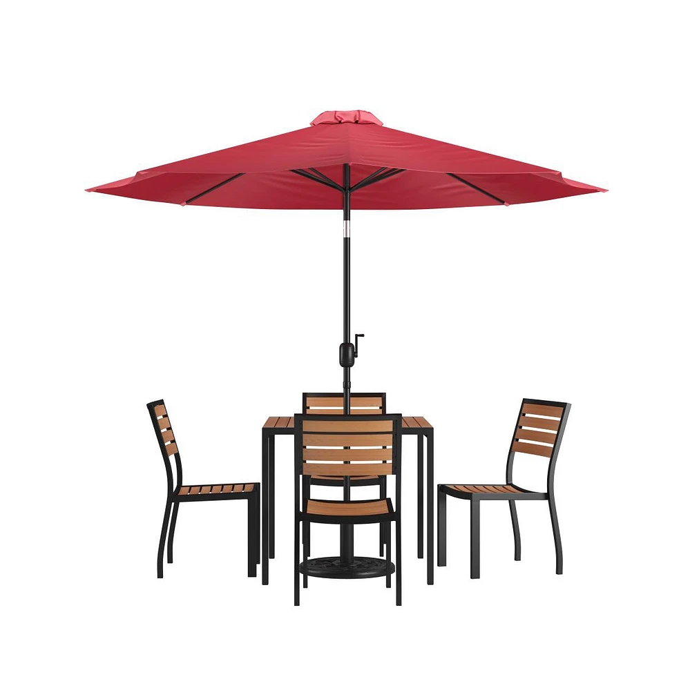 Forrest Seven Piece Faux Teak Patio Dining Set - Table, 4 Armless Stacking Club Chairs And 9' Patio Umbrella & Base