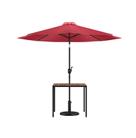 Square Faux Teak Outdoor Dining Table With Powder Coated Steel Frame, 9' Adjustable Umbrella And Base