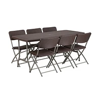 5.62-Foot Rattan Indoor-Outdoor Plastic Folding Table Set With 6 Chairs