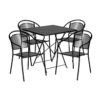 Commercial Grade 28" Square Metal Folding Patio Table Set W/ 4 Round Back Chairs