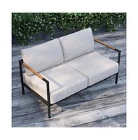 Eastport Outdoor Loveseat With Removable Plush Fabric Cushions And Teak Accented Aluminum Frame