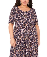 Msk Plus Size Printed Scoop-Neck Elbow-Sleeve Midi Dress