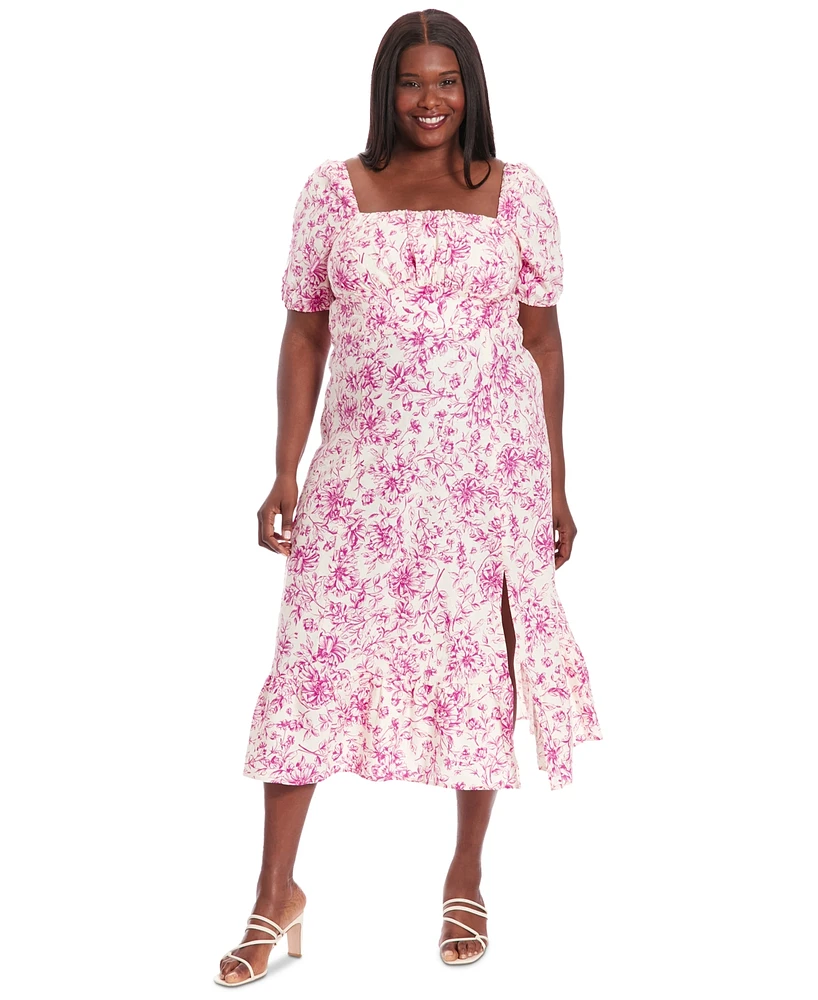 London Times Plus Printed Puff-Sleeve Maxi Dress