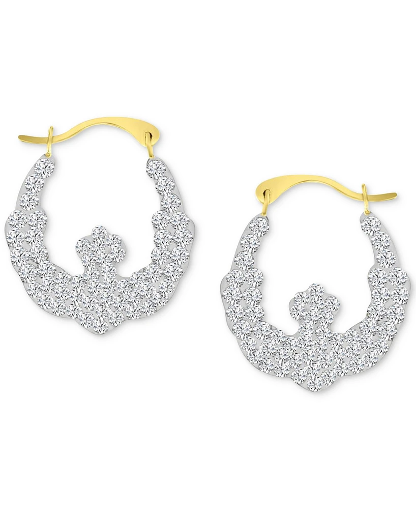 Crystal Pave Wavy Patterned Small Hoop Earrings in 10k Gold, 0.73"