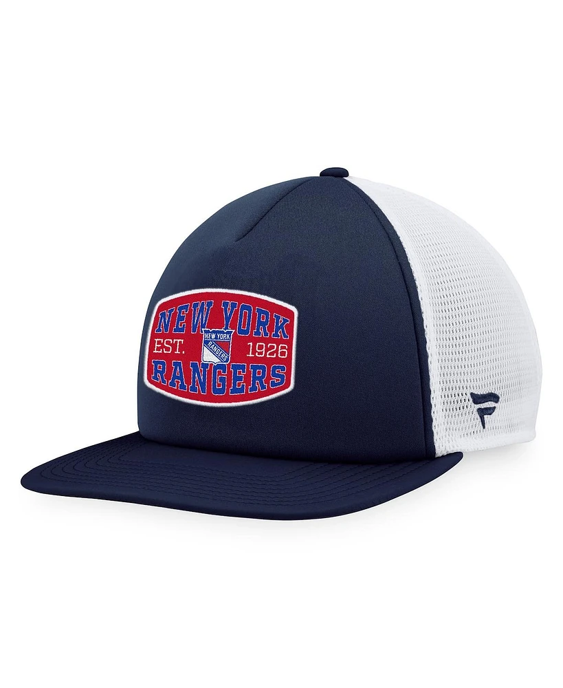 Men's Fanatics Navy, White New York Rangers Foam Front Patch Trucker Snapback Hat