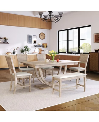 Simplie Fun 6-Piece Wood Half Round Dining Table Set Kitchen Table Set With Long Bench And 4 Dining Chairs