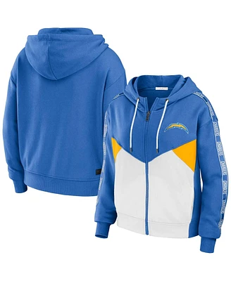 Women's Wear by Erin Andrews Powder Blue, White Los Angeles Chargers Color Block Light Weight Modest Crop Full-Zip Hoodie