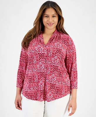 Jm Collection Plus Size Printed V-Neck 3/4 Sleeve Top, Created for Macy's